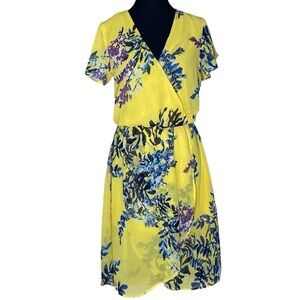 JAPNA Yellow Chiffon Summer Dress Short Sleeve Flowy V Neck Floral Medium
